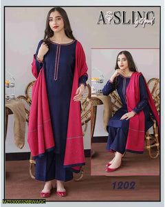 3 Pcs Women's Unstitched Dhanak Embroidered  Suit