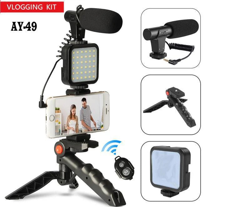 AY 49 All-in-One Video Creation Kit – Tripod, Microphone, LED Light, and Mobile Holder for Perfect Vlogs
