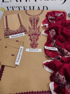 3 Pcs Women's Unstitched Embroidered Suit